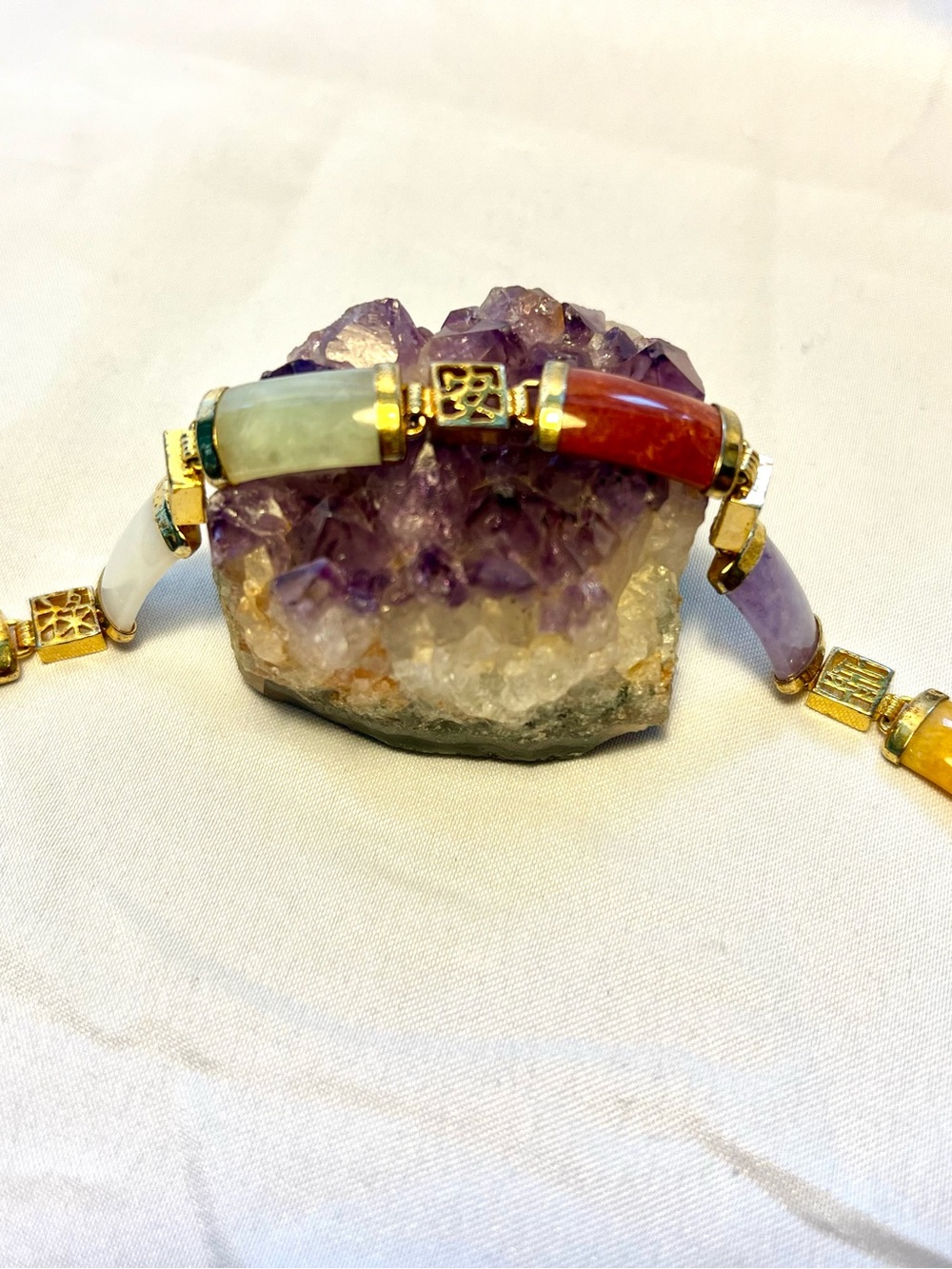 Six Multicolored Jade w/ six Chinese characters, gold tone Bracelet marked China